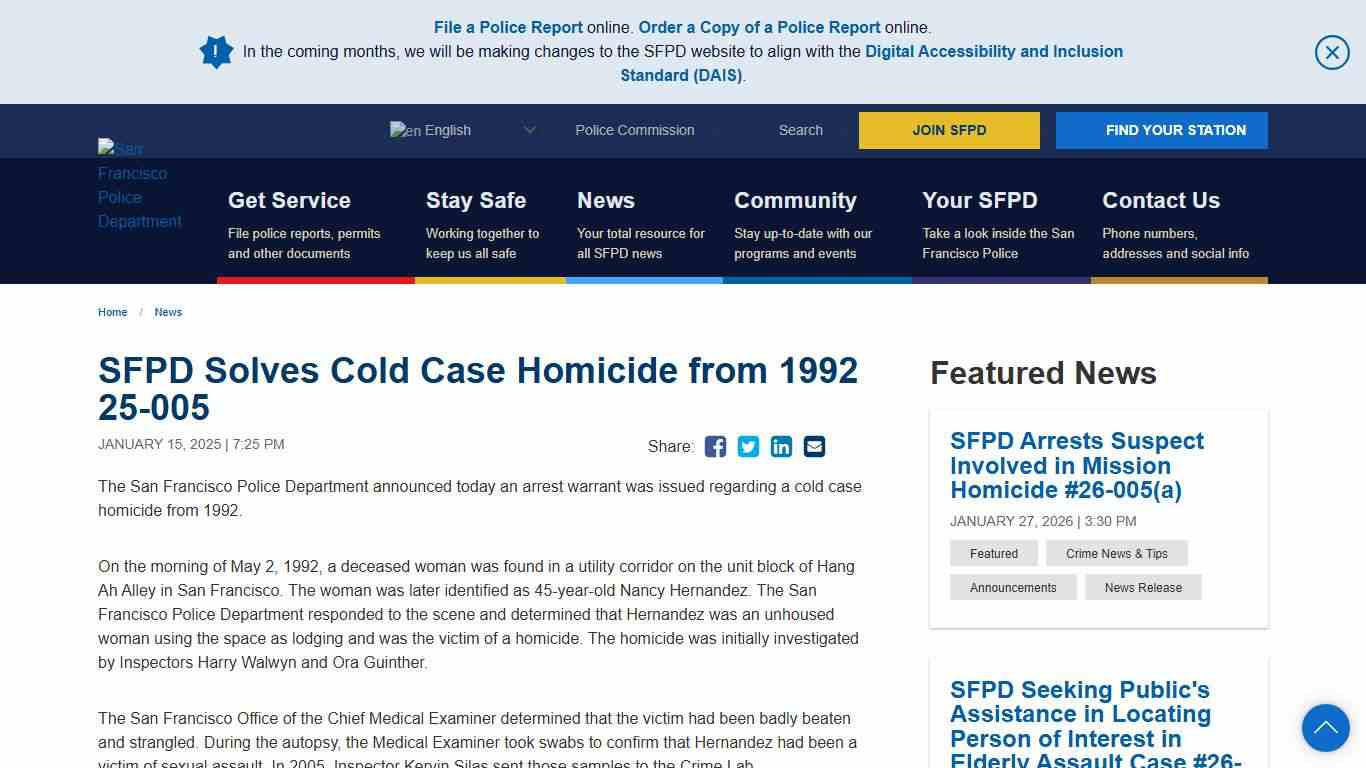 SFPD Solves Cold Case Homicide from 1992 25-005 San Francisco Police Department